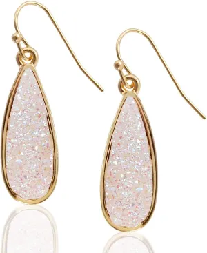 Teardrop Dangle Earrings for Women with Simulated Druzy Stones, in Gold, Rose Gold, or Silver Tone