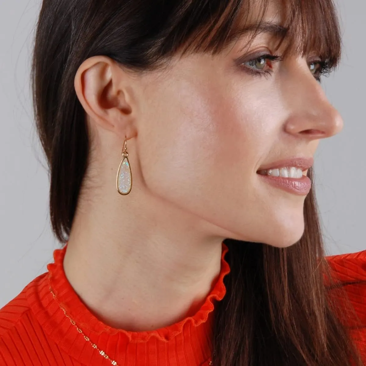 Teardrop Dangle Earrings for Women with Simulated Druzy Stones, in Gold, Rose Gold, or Silver Tone