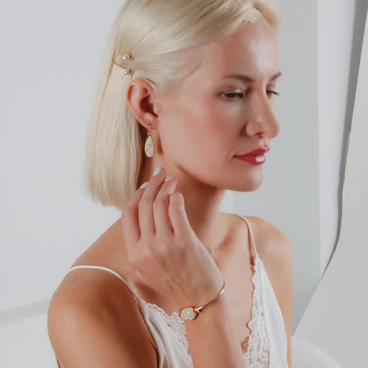 Teardrop Dangle Earrings for Women with Simulated Druzy Stones, in Gold, Rose Gold, or Silver Tone