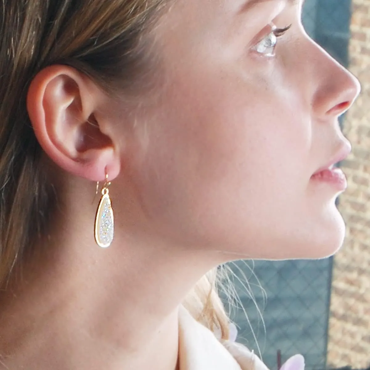 Teardrop Dangle Earrings for Women with Simulated Druzy Stones, in Gold, Rose Gold, or Silver Tone