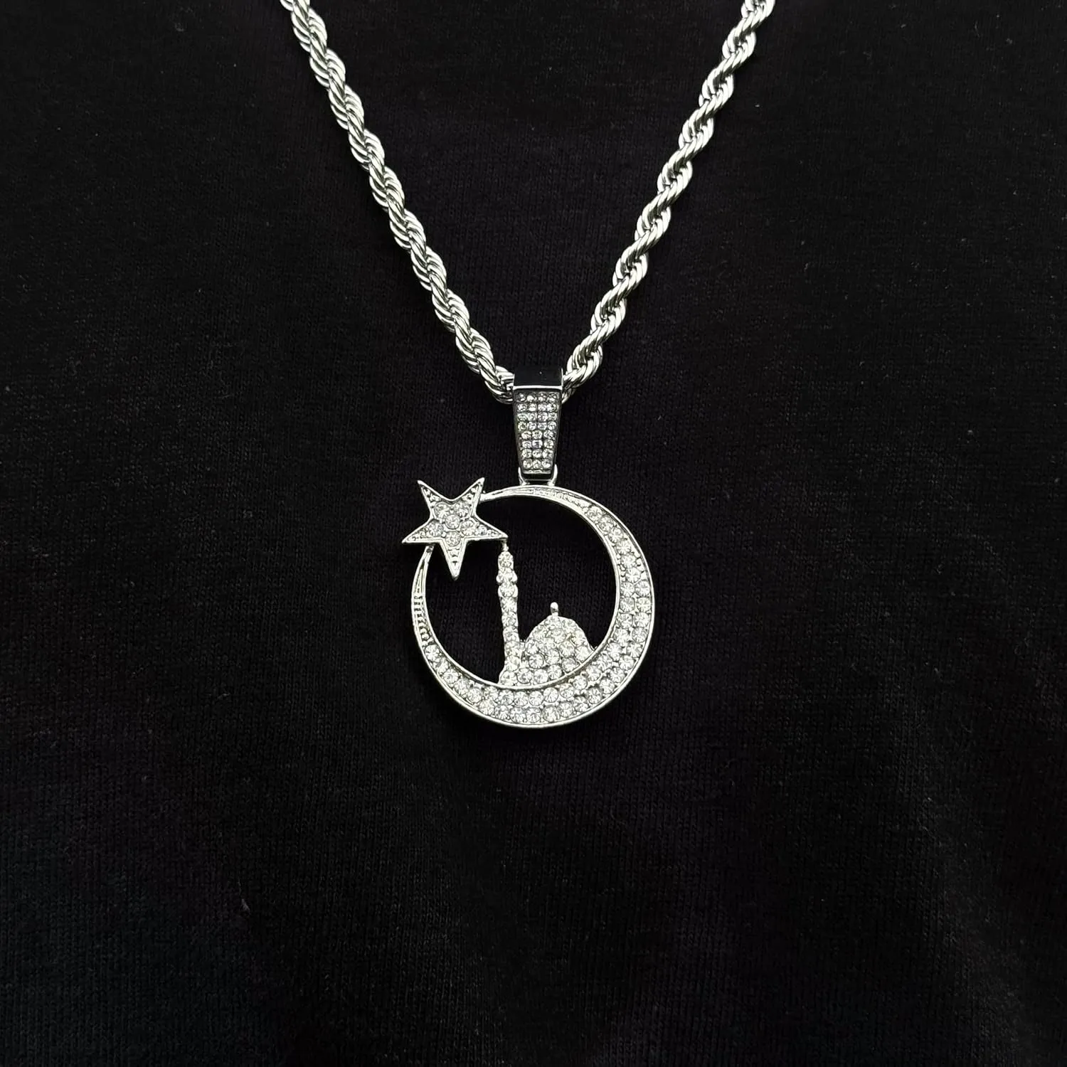 Techno Pave Men's Iced-Out Islamic Pendant Necklace with Rope Chain  Hip Hop Inspired Religious Statement Jewelry