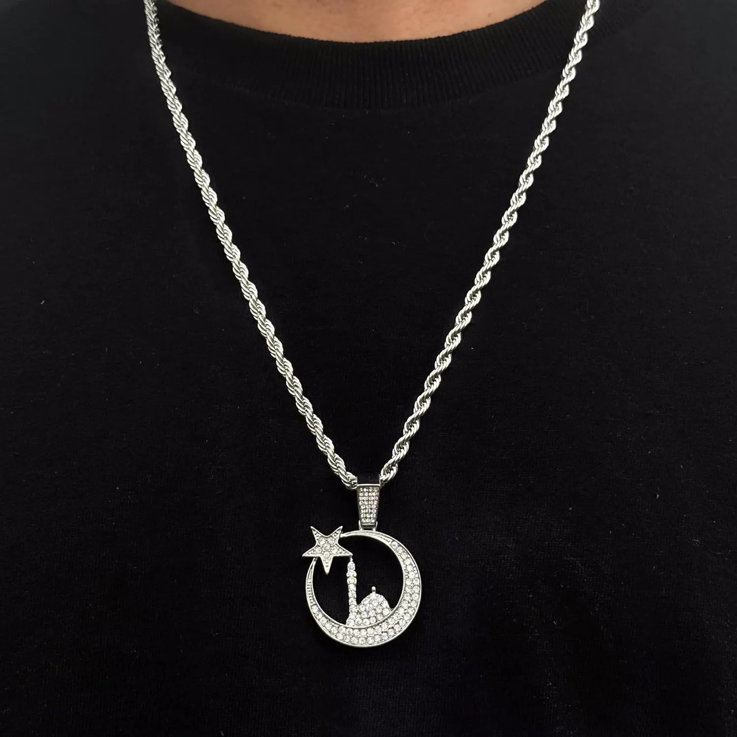Techno Pave Men's Iced-Out Islamic Pendant Necklace with Rope Chain  Hip Hop Inspired Religious Statement Jewelry