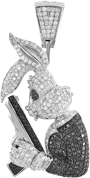 TGDJ 925 Sterling Silver Mens Bunny Pendant Necklace with 2.05ct Round Black & White Diamond Animal Charm, I1-I2 Clarity, G-H Color, Unique Fine Jewelry Gift