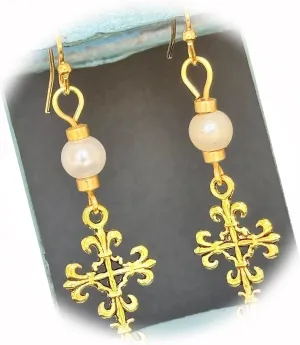 The New Antique Gold Tone Fleur De Lis Cross and Pearl Earrings Faith Love Religion Ideal for Creating Unique Accessories and Decorations KATE1O01070