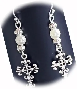 The New Antique Silver Tone Fleur De Lis Cross and Pearl Earrings Faith Love Religion Ideal for Creating Unique Accessories and Decorations KATE1O00609
