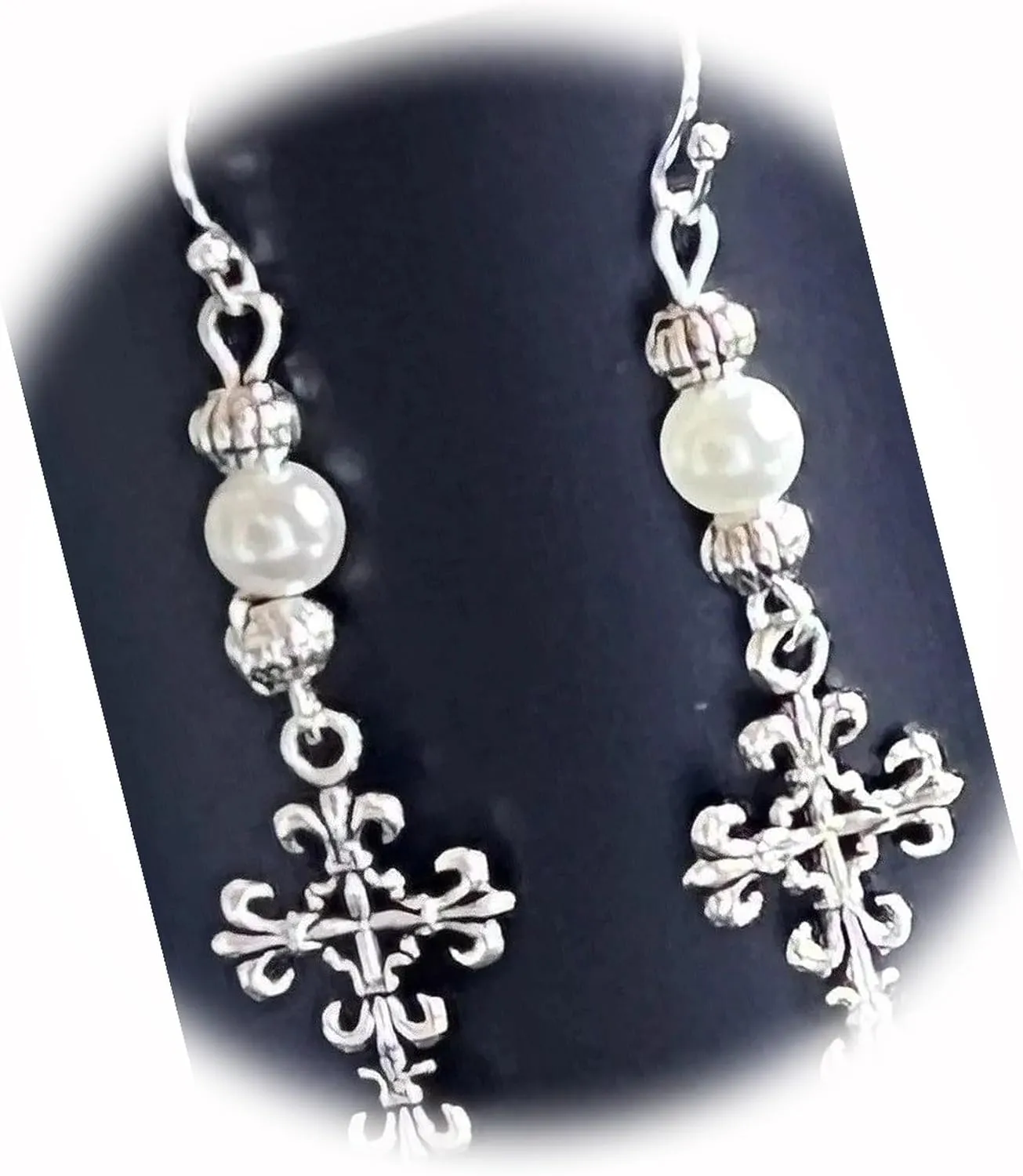 The New Antique Silver Tone Fleur De Lis Cross and Pearl Earrings Faith Love Religion Ideal for Creating Unique Accessories and Decorations KATE1O00609