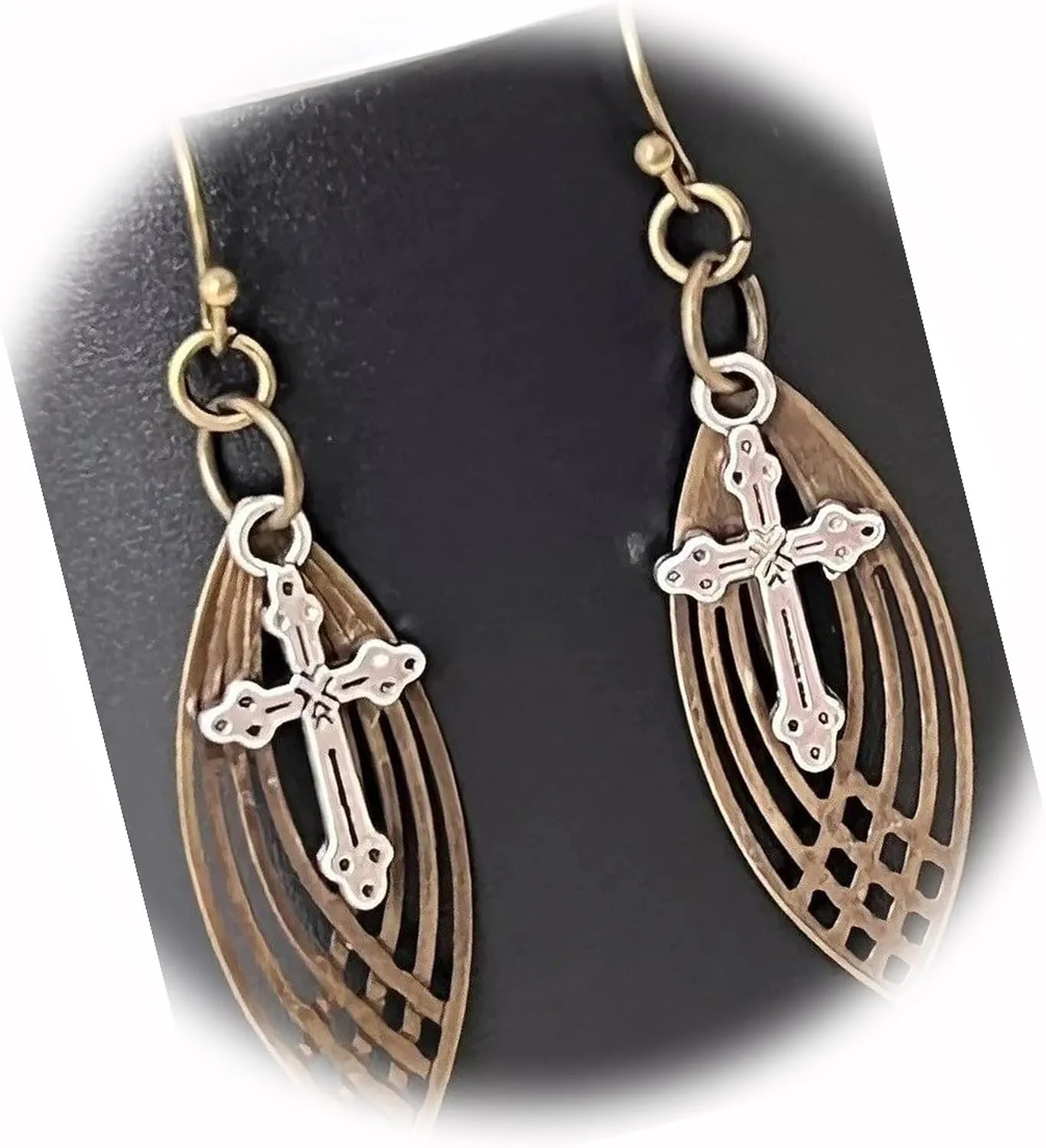 The New Bronze with Silver Tone Cross Dangle Earrings Faith Love Believe Ideal for Creating Unique Accessories and Decorations KATE1O01272