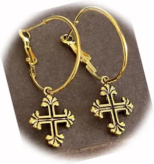 The New Gold Tone Fleur De Lis Cross Dangle Hoop Earrings Faith Love Ideal for Creating Unique Accessories and Decorations KATE1O00829