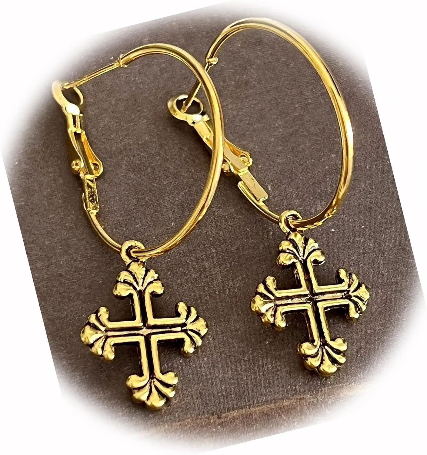 The New Gold Tone Fleur De Lis Cross Dangle Hoop Earrings Faith Love Ideal for Creating Unique Accessories and Decorations KATE1O00829