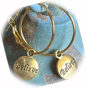 The New Gold Tone Lever Back Hoops Dangle Believe Earrings Faith Love Religion Ideal for Creating Unique Accessories and Decorations KATE1O00444