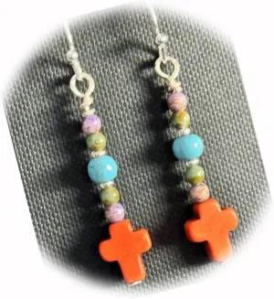 The New Silver Tone and Orange Howlite Cross Beaded Dangle Earrings Faith Love Believe Ideal for Creating Unique Accessories and Decorations KATE1O04103