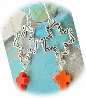 The New Silver Tone and Orange Howlite Cross Dangle Earrings Faith Love Believe Ideal for Creating Unique Accessories and Decorations KATE1O01462