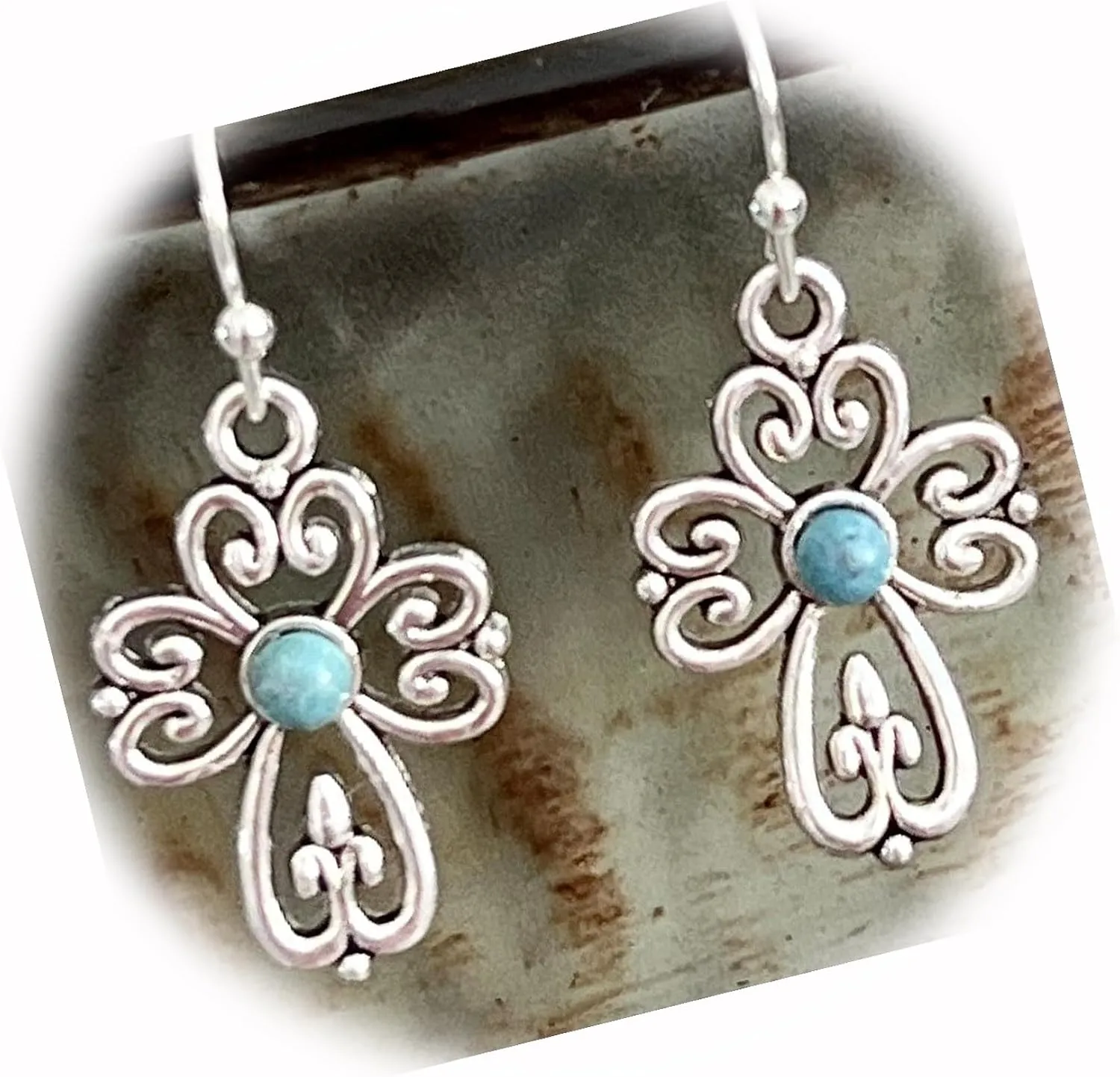 The New Silver Tone and Turquoise Tone Cross Earrings Love Faith Religion Believe Ideal for Creating Unique Accessories and Decorations KATE1O01684