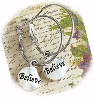 The New Silver Tone Lever Back Hoops Dangle Believe Earrings Faith Love Religion Holiday Ideal for Creating Unique Accessories and Decorations KATE1O00259