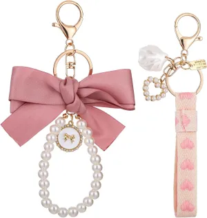 Thinp 2 Pack Pink Bow Pearl Keychain & Cute Pearl Shell Wristlet Keychain Bowknot Pearl Keychain for Women Car Key Chain Holder Accessories Key Fob Wristband Chram with Lobster Clasp for Purse Bags
