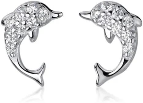 Tiny Dolphin Stud Earrings S925 Sterling Silver Cubic Zirconia Crystal Animal Fish Earring Studs Post Cartilage Piercing Hypoallergenic Cute Jewelry for Women