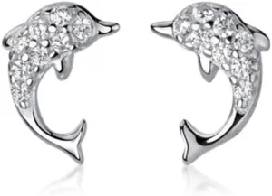 Tiny Dolphin Stud Earrings S925 Sterling Silver Cubic Zirconia Crystal Animal Fish Earring Studs Post Cartilage Piercing Hypoallergenic Cute Jewelry for Women
