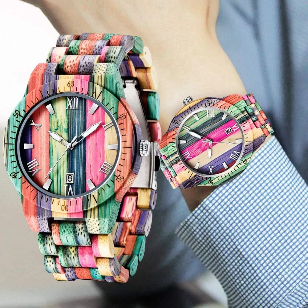 Tiong Brand Wooden Watches Mens with Handmade Colorful Bamboo Wood Watch Analog Date Quartz Wooden Watch for Men