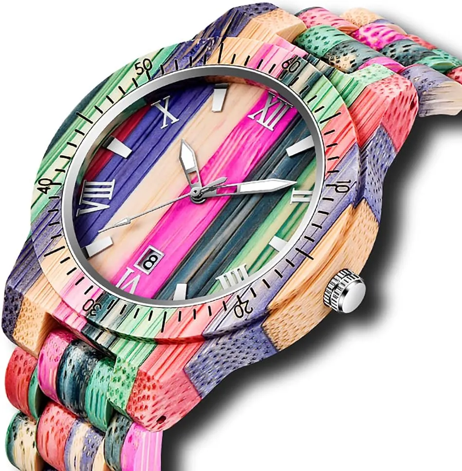 Tiong Brand Wooden Watches Mens with Handmade Colorful Bamboo Wood Watch Analog Date Quartz Wooden Watch for Men