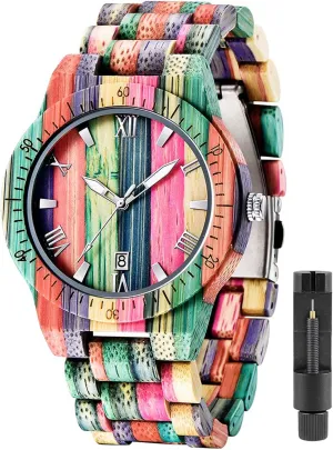 Tiong Brand Wooden Watches Mens with Handmade Colorful Bamboo Wood Watch Analog Date Quartz Wooden Watch for Men