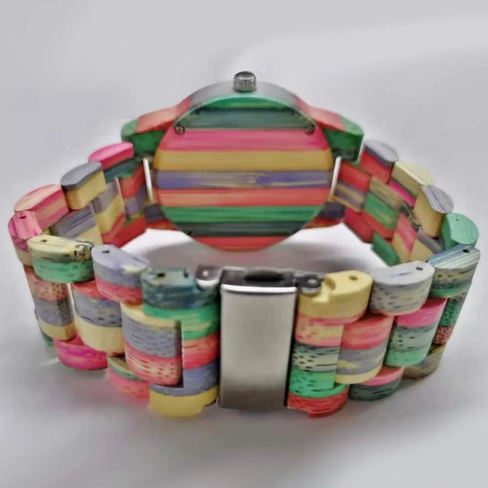 Tiong Brand Wooden Watches Mens with Handmade Colorful Bamboo Wood Watch Analog Date Quartz Wooden Watch for Men