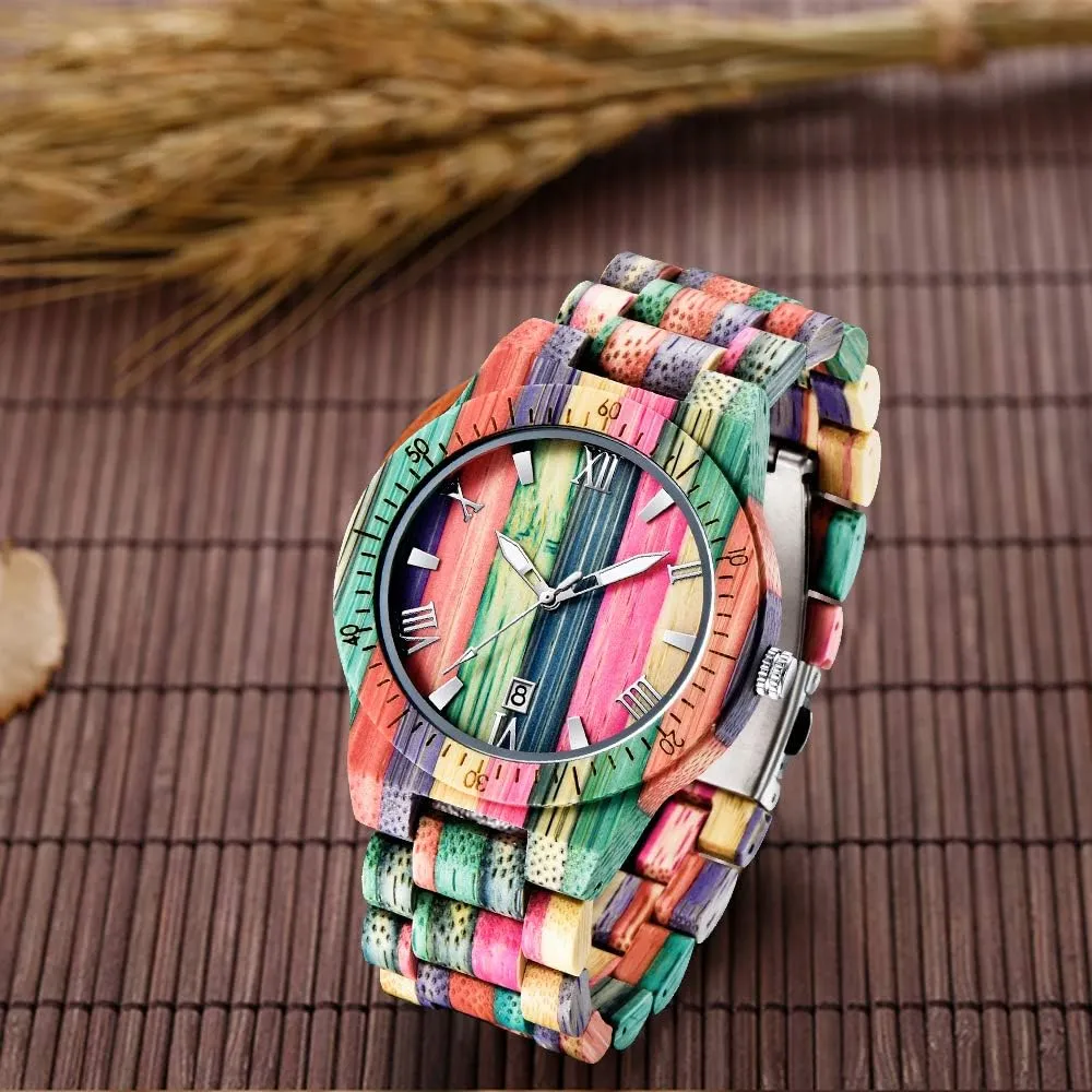Tiong Brand Wooden Watches Mens with Handmade Colorful Bamboo Wood Watch Analog Date Quartz Wooden Watch for Men