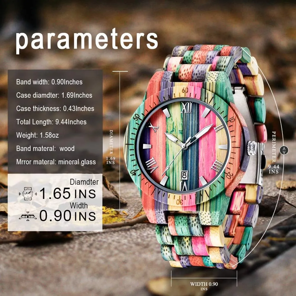 Tiong Brand Wooden Watches Mens with Handmade Colorful Bamboo Wood Watch Analog Date Quartz Wooden Watch for Men