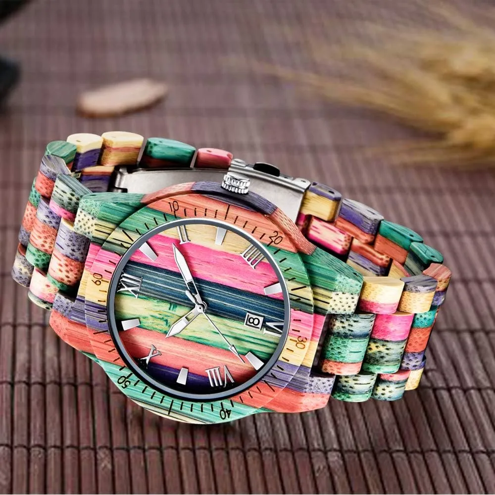 Tiong Brand Wooden Watches Mens with Handmade Colorful Bamboo Wood Watch Analog Date Quartz Wooden Watch for Men