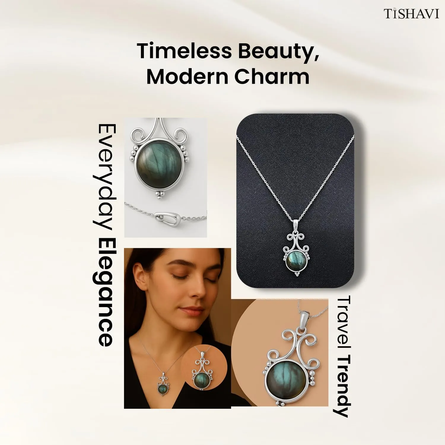 TISHAVI Natural Round Shaped Semi Precious Gemstone Pendant Necklace For Women With 18Inch Chain, Sterling Silver Birthstone Pendant Necklace Jewelry Women's Day Gifts For Mom Wife Sister