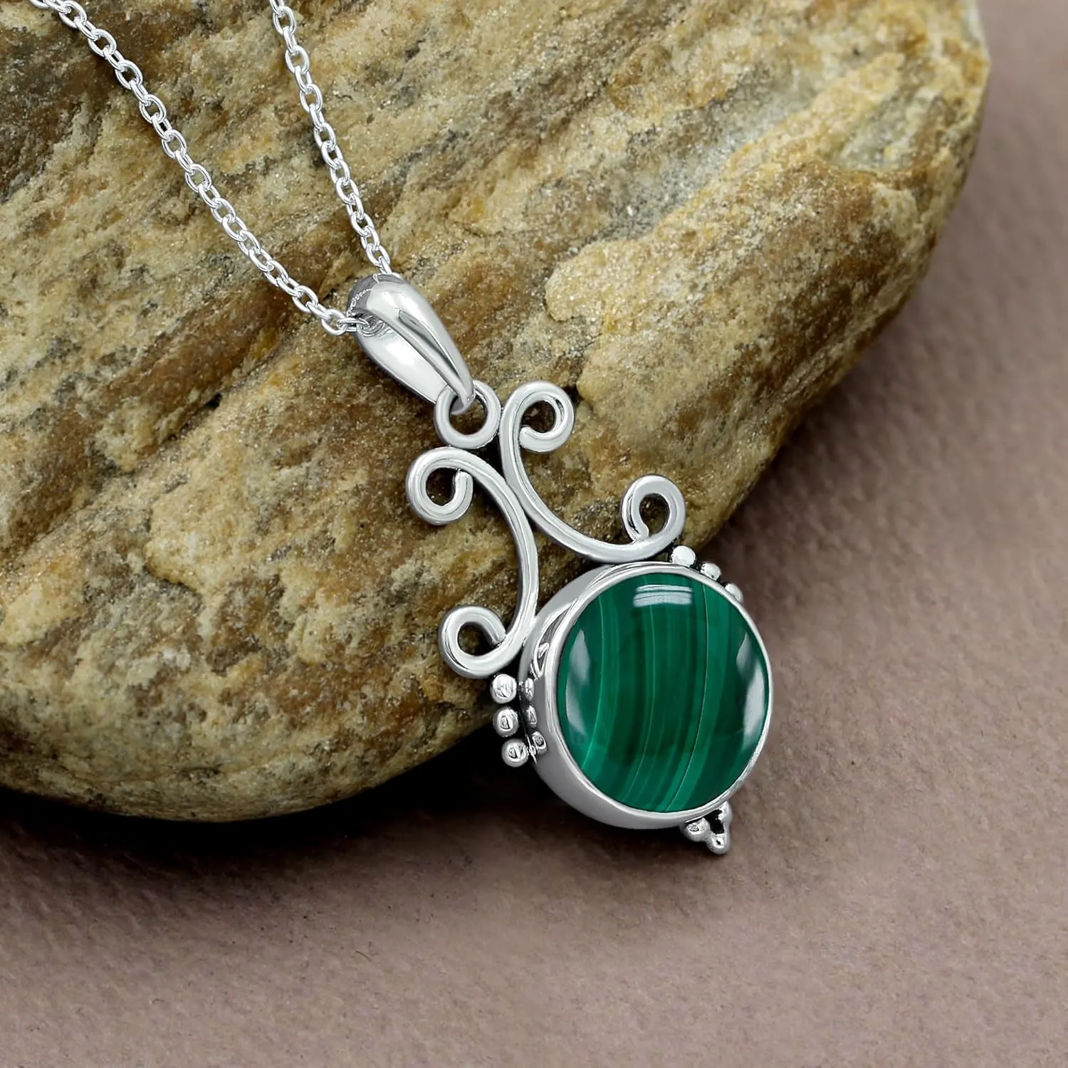 TISHAVI Natural Round Shaped Semi Precious Gemstone Pendant Necklace For Women With 18Inch Chain, Sterling Silver Birthstone Pendant Necklace Jewelry Women's Day Gifts For Mom Wife Sister