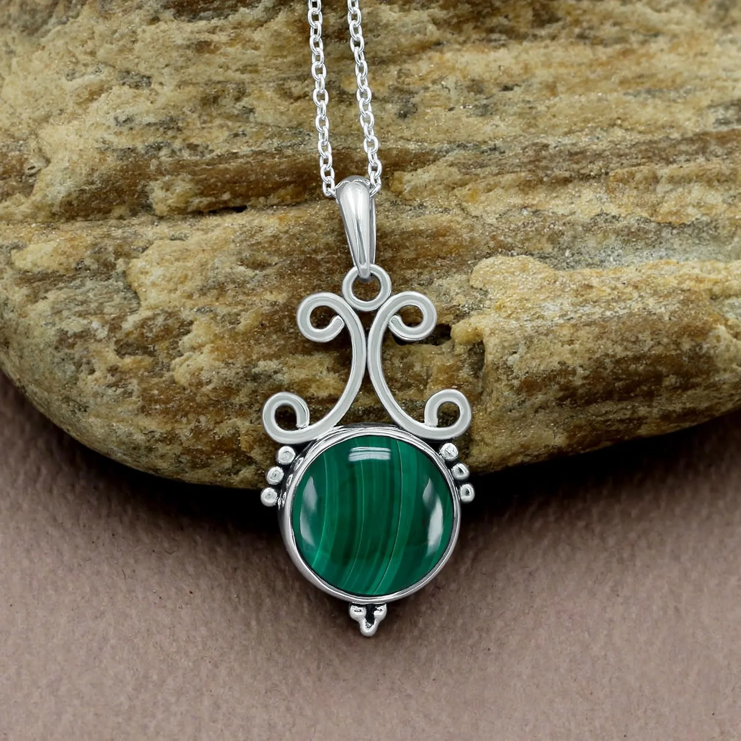 TISHAVI Natural Round Shaped Semi Precious Gemstone Pendant Necklace For Women With 18Inch Chain, Sterling Silver Birthstone Pendant Necklace Jewelry Women's Day Gifts For Mom Wife Sister