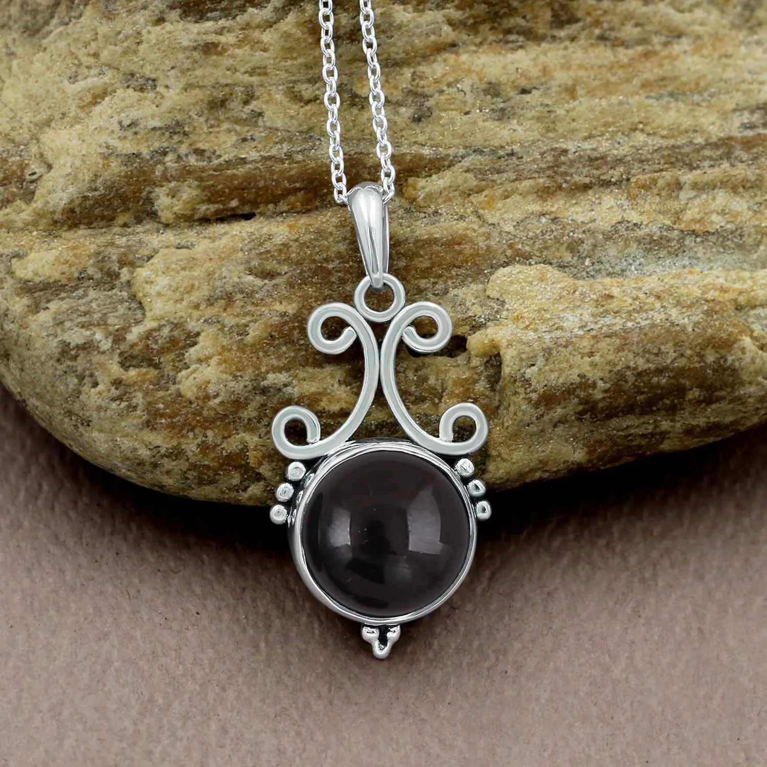 TISHAVI Natural Round Shaped Semi Precious Gemstone Pendant Necklace For Women With 18Inch Chain, Sterling Silver Birthstone Pendant Necklace Jewelry Women's Day Gifts For Mom Wife Sister