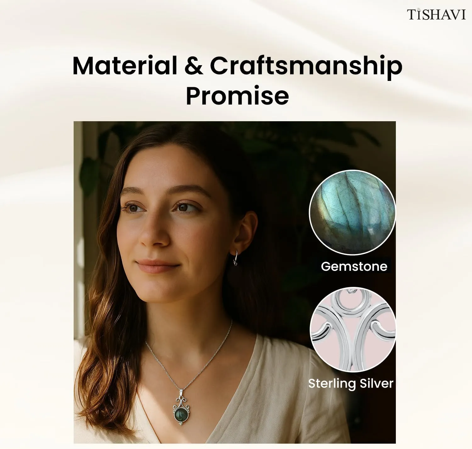 TISHAVI Natural Round Shaped Semi Precious Gemstone Pendant Necklace For Women With 18Inch Chain, Sterling Silver Birthstone Pendant Necklace Jewelry Women's Day Gifts For Mom Wife Sister
