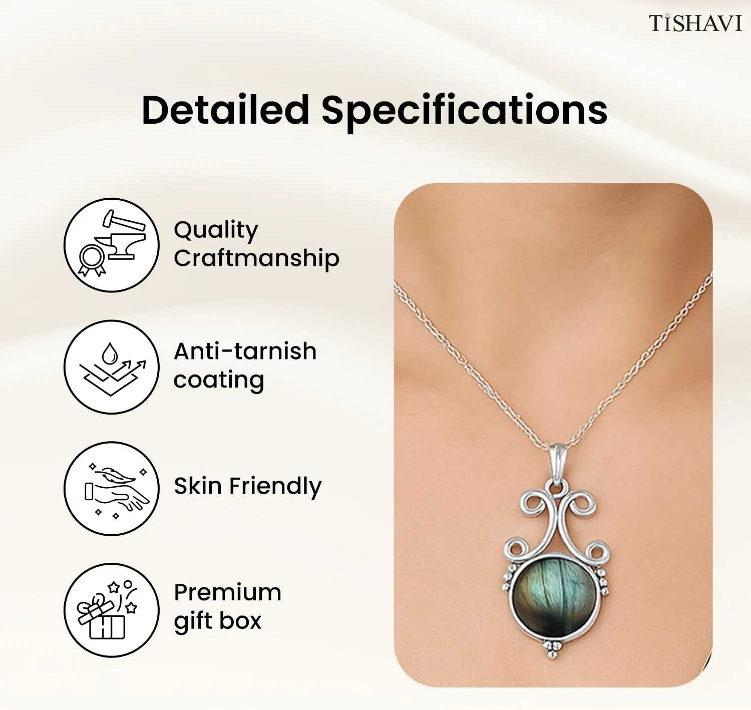 TISHAVI Natural Round Shaped Semi Precious Gemstone Pendant Necklace For Women With 18Inch Chain, Sterling Silver Birthstone Pendant Necklace Jewelry Women's Day Gifts For Mom Wife Sister