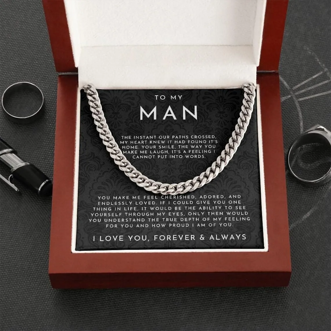 To My Man Necklace - Boyfriend's Valentines Day Gift, Husband Gift - Cuban Chain for Him