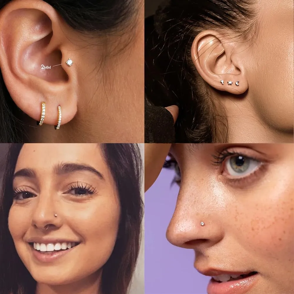 TOPBRIGHT 12Pcs 16G 18G Flat Back Earrings 316L Surgical Steel Threadless Tragus Cartilage Nose Stud Push Pin Lip Stud Rings Medusa Piercing Jewelry Hypoallergenic for Women Men