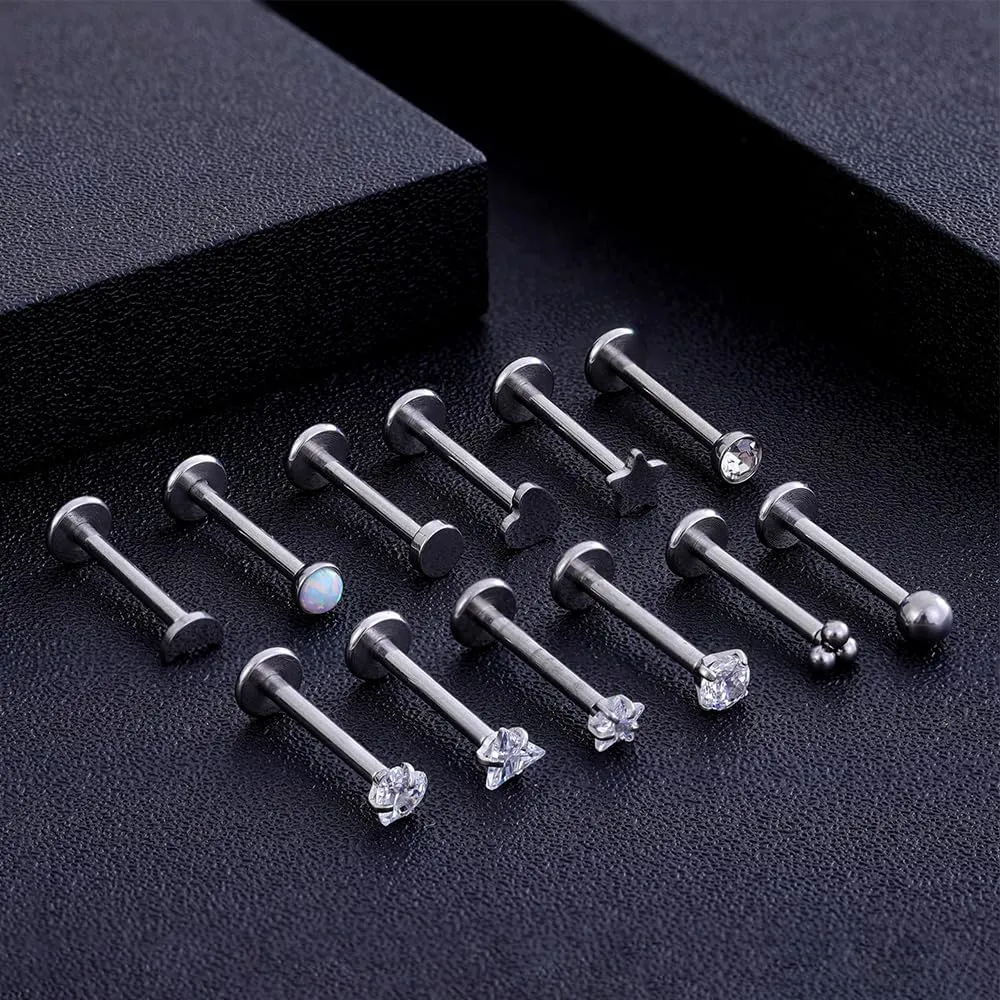 TOPBRIGHT 12Pcs 16G 18G Flat Back Earrings 316L Surgical Steel Threadless Tragus Cartilage Nose Stud Push Pin Lip Stud Rings Medusa Piercing Jewelry Hypoallergenic for Women Men