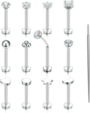 TOPBRIGHT 12Pcs 16G 18G Flat Back Earrings 316L Surgical Steel Threadless Tragus Cartilage Nose Stud Push Pin Lip Stud Rings Medusa Piercing Jewelry Hypoallergenic for Women Men