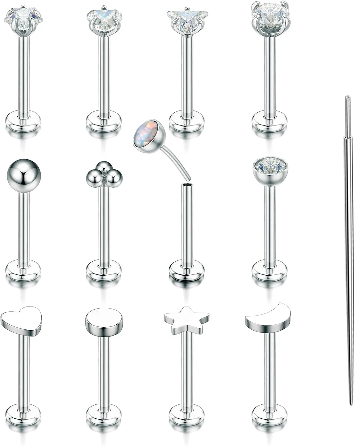 TOPBRIGHT 12Pcs 16G 18G Flat Back Earrings 316L Surgical Steel Threadless Tragus Cartilage Nose Stud Push Pin Lip Stud Rings Medusa Piercing Jewelry Hypoallergenic for Women Men