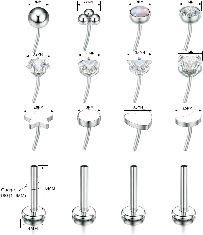 TOPBRIGHT 12Pcs 16G 18G Flat Back Earrings 316L Surgical Steel Threadless Tragus Cartilage Nose Stud Push Pin Lip Stud Rings Medusa Piercing Jewelry Hypoallergenic for Women Men