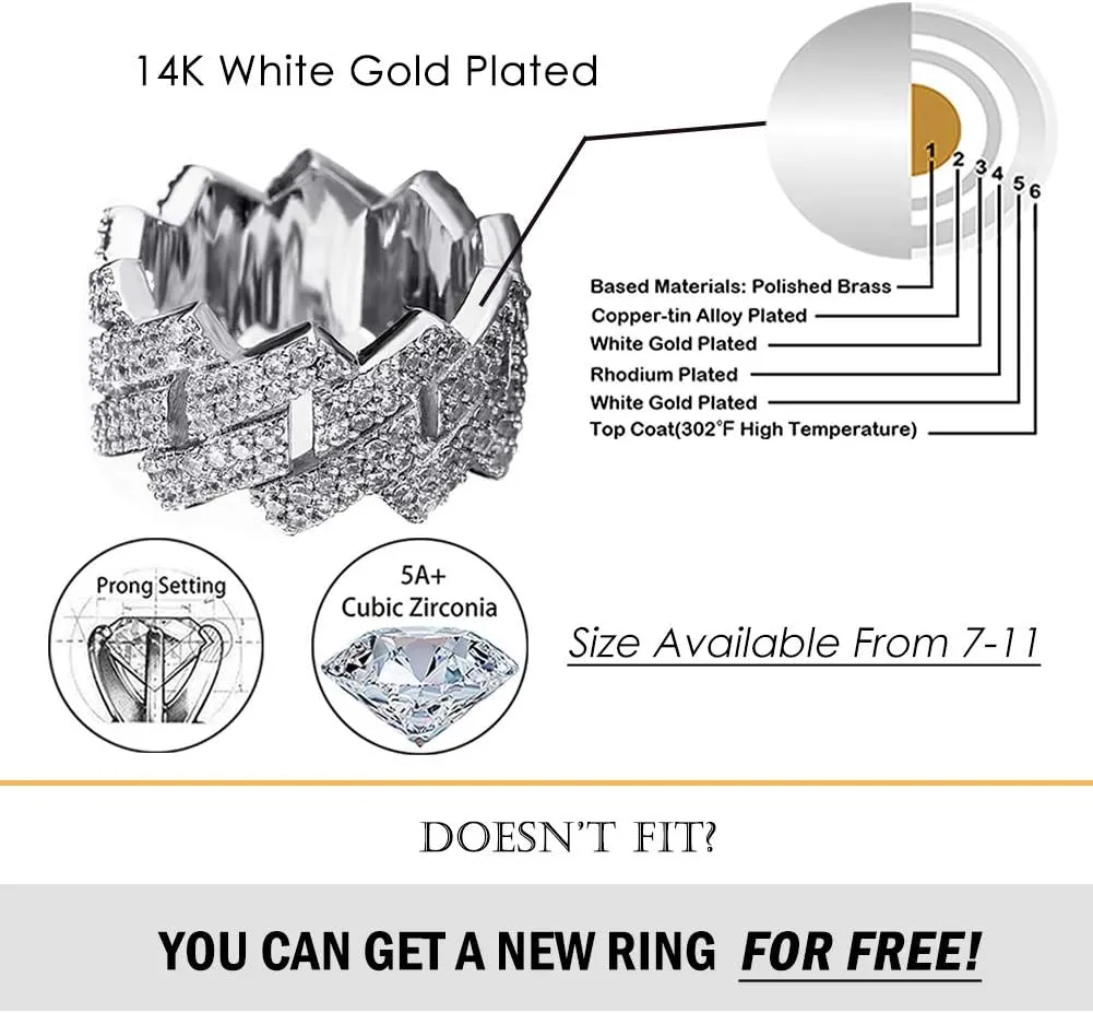 TOPGRILLZ Engagement Ring Men Gold Cuban Link Ring Wedding Band Iced Out 14K Gold Plated 14mm Punk Cubic Zirconia Gold Jewelry Gifts