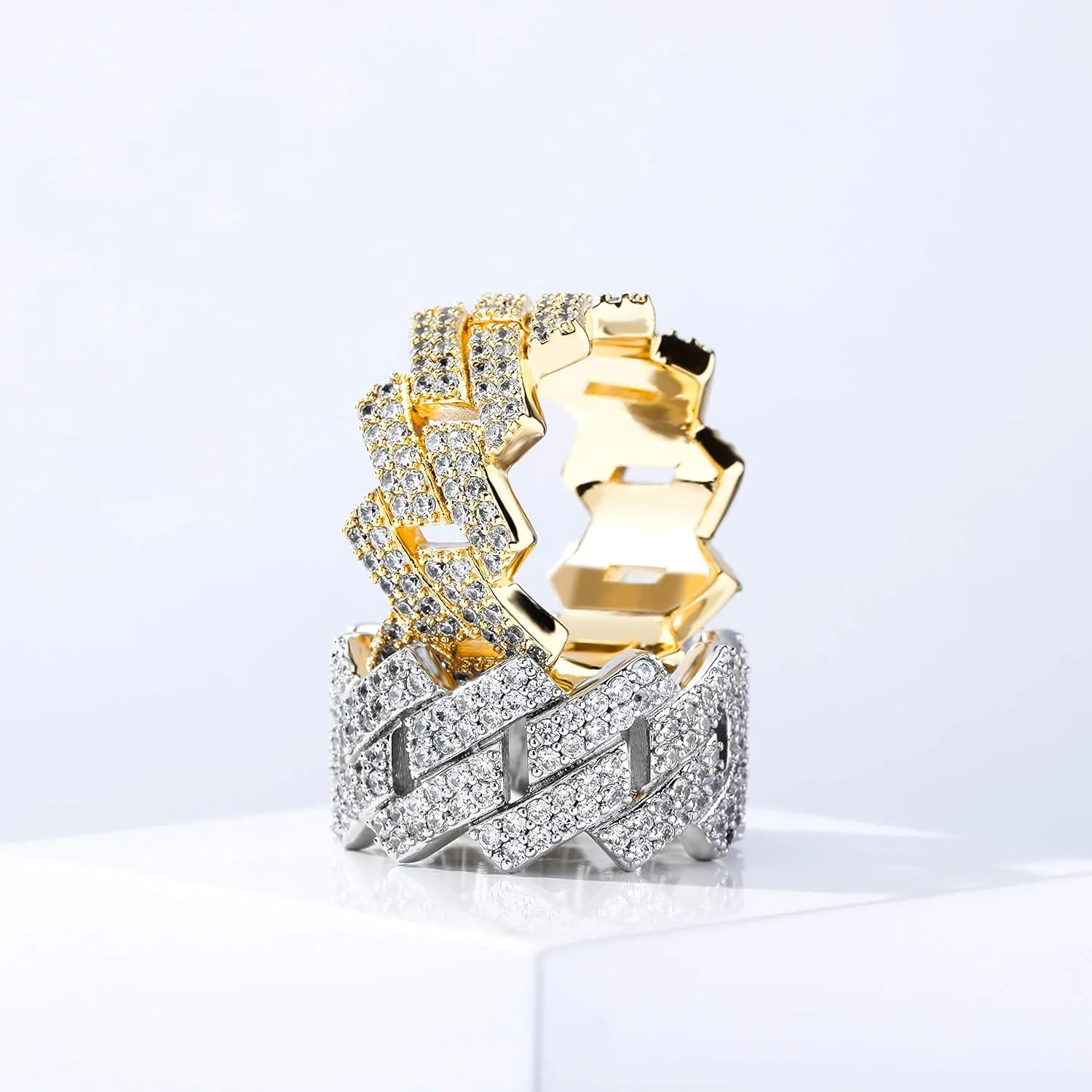 TOPGRILLZ Engagement Ring Men Gold Cuban Link Ring Wedding Band Iced Out 14K Gold Plated 14mm Punk Cubic Zirconia Gold Jewelry Gifts