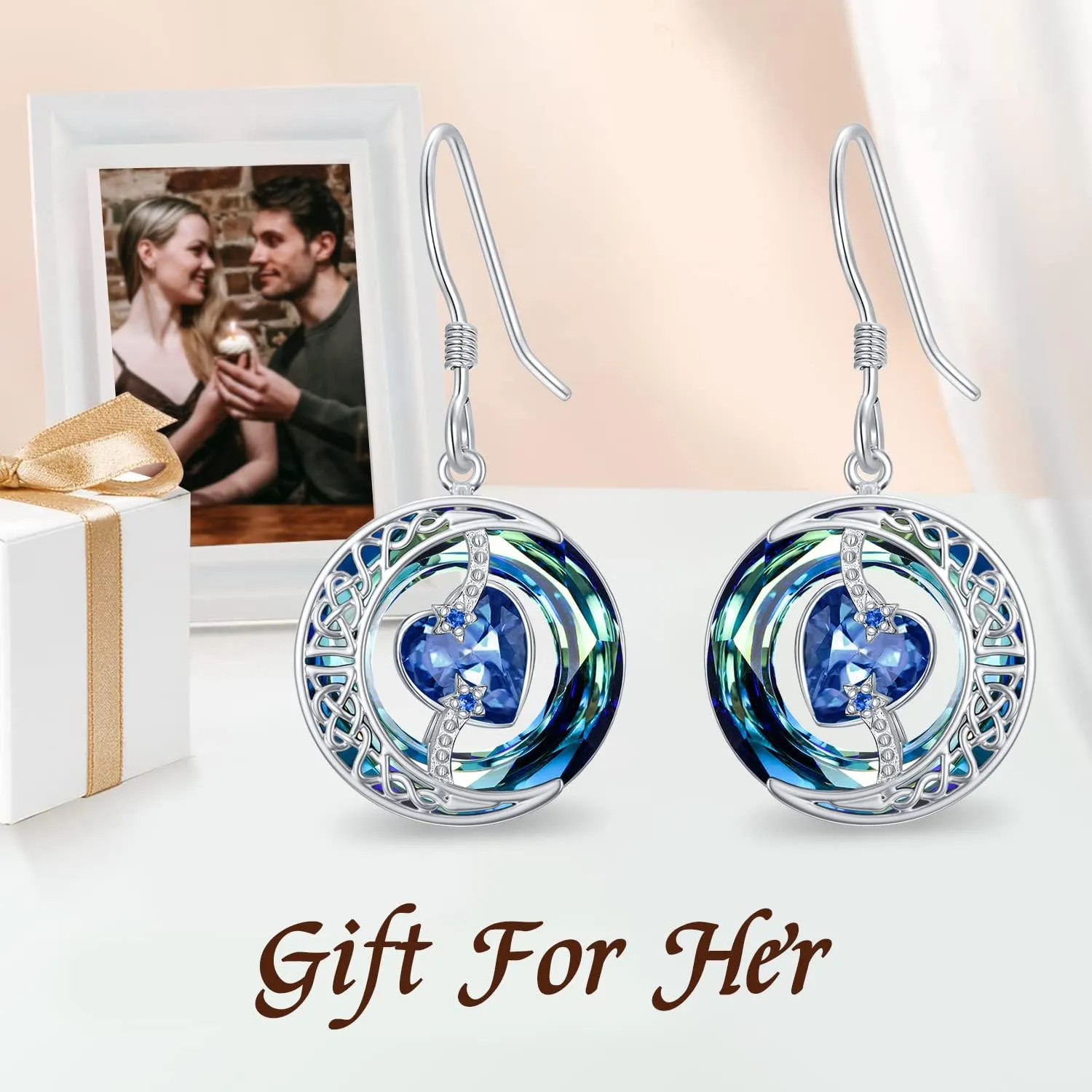 TOUPOP Birthstone Earrings for Women 925 Sterling Silver Moon and Star Drop Dangle Earrings Blue Circle Crystal Jewelry Birthday Mothers Day Christmas Gifts for Her Mom