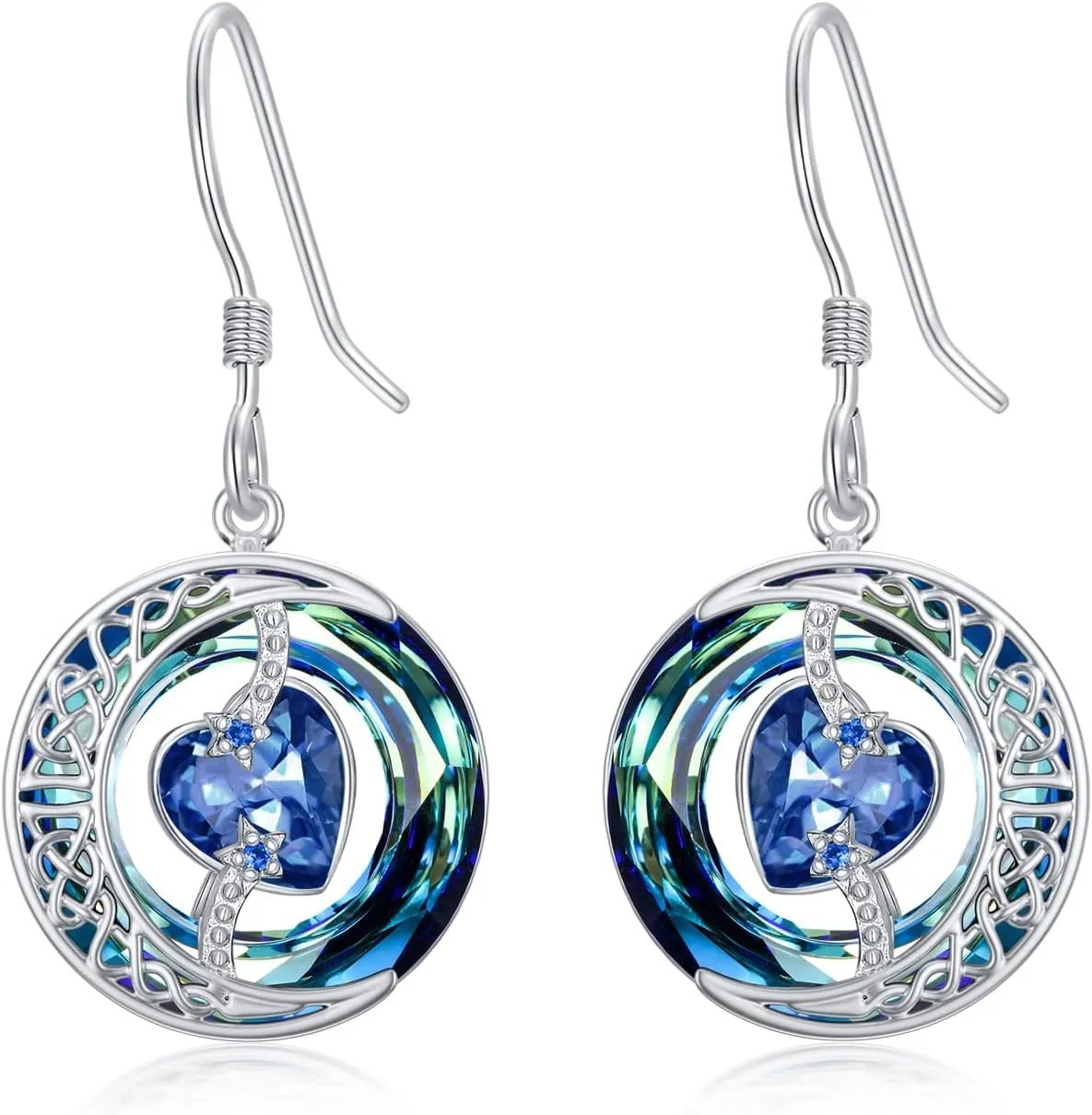 TOUPOP Birthstone Earrings for Women 925 Sterling Silver Moon and Star Drop Dangle Earrings Blue Circle Crystal Jewelry Birthday Mothers Day Christmas Gifts for Her Mom