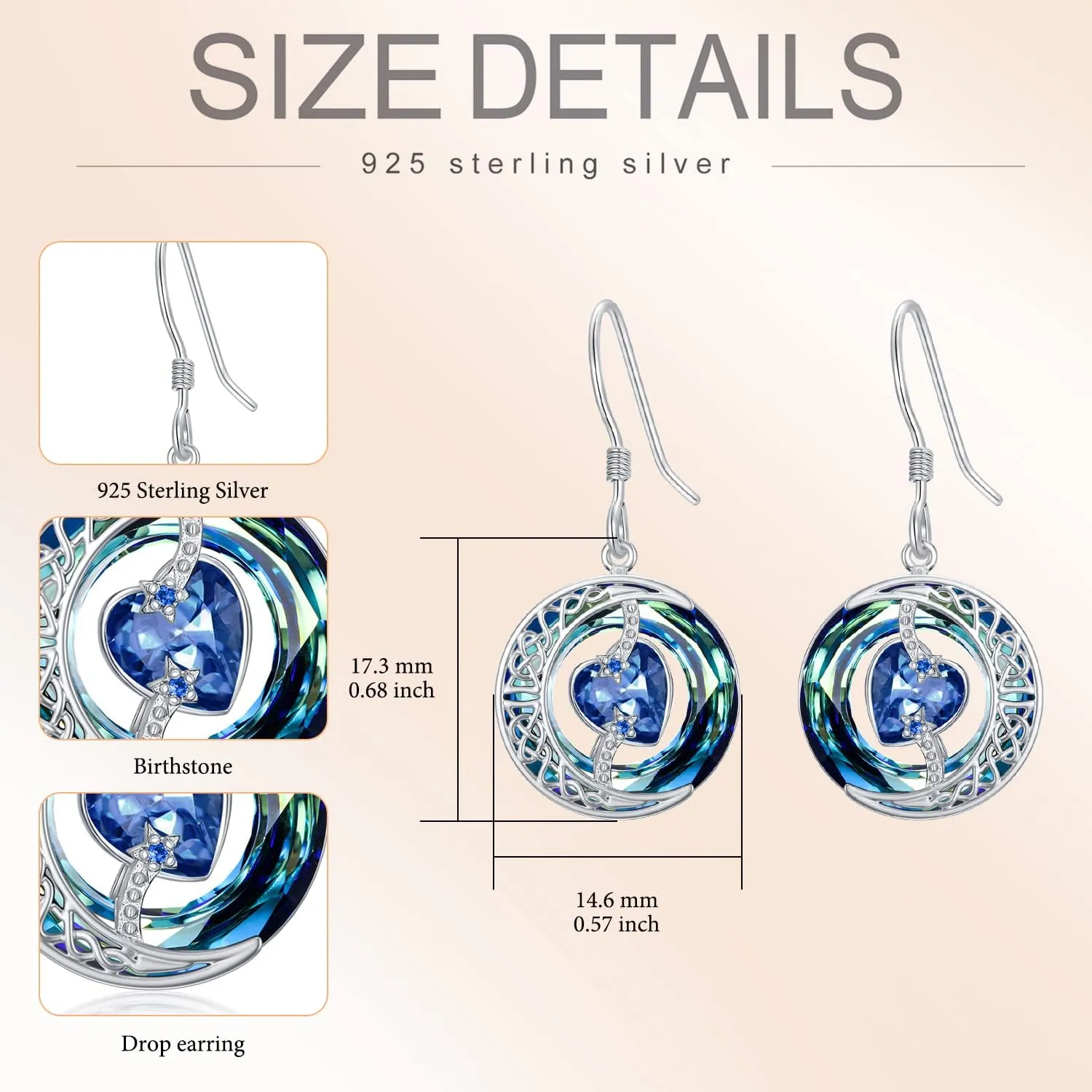 TOUPOP Birthstone Earrings for Women 925 Sterling Silver Moon and Star Drop Dangle Earrings Blue Circle Crystal Jewelry Birthday Mothers Day Christmas Gifts for Her Mom