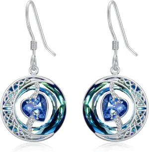 TOUPOP Birthstone Earrings for Women 925 Sterling Silver Moon and Star Drop Dangle Earrings Blue Circle Crystal Jewelry Birthday Mothers Day Christmas Gifts for Her Mom