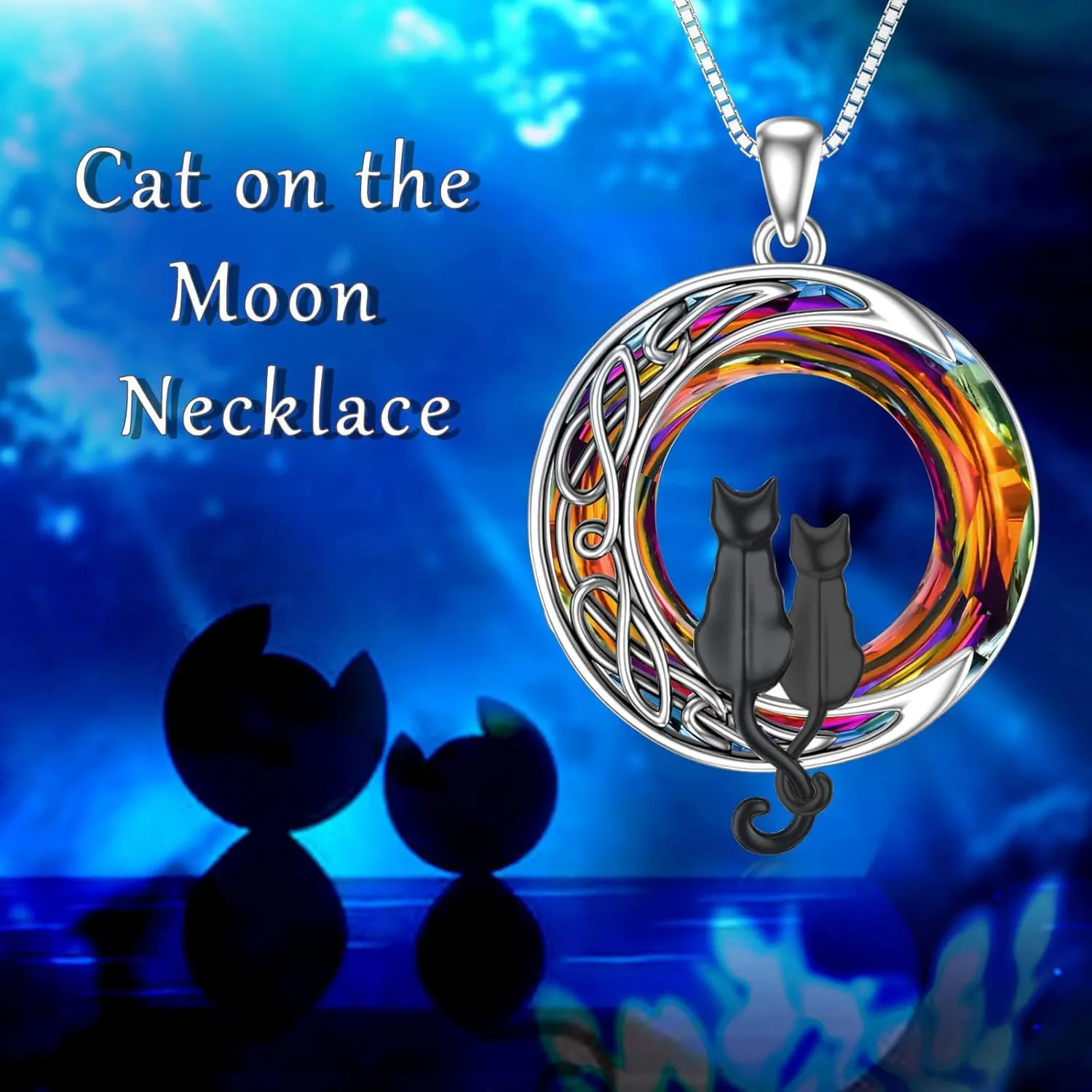 TOUPOP Cat Gifts for Cat Lovers 1 2 3 Cats Necklace Sterling Silver Cat on the Moon Pendant Necklace with Blue Circle Crystal Birthday Christmas Celtic Jewelry Gifts for Women