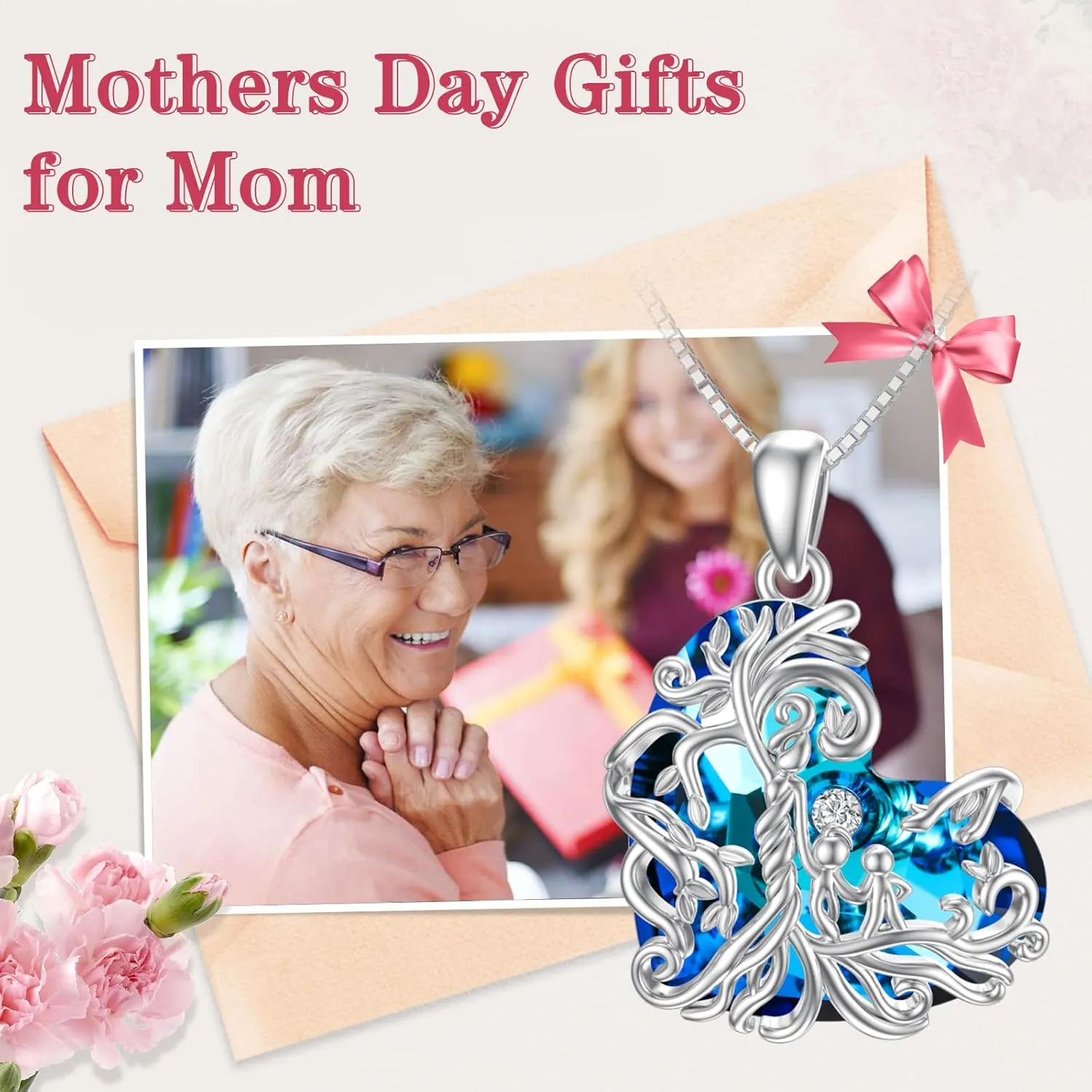 TOUPOP Gifts for Mom, Mothers and Daughter/Son Necklace, 925 Sterling Silver Tree of Life Pendant Family Crystal Jewelry Birthday Christmas Gifts for Women Mother Grandma Wife