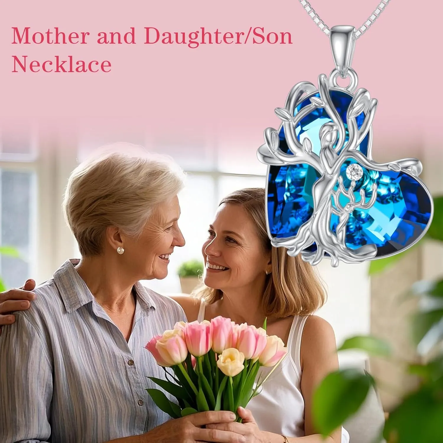 TOUPOP Gifts for Mom, Mothers and Daughter/Son Necklace, 925 Sterling Silver Tree of Life Pendant Family Crystal Jewelry Birthday Christmas Gifts for Women Mother Grandma Wife