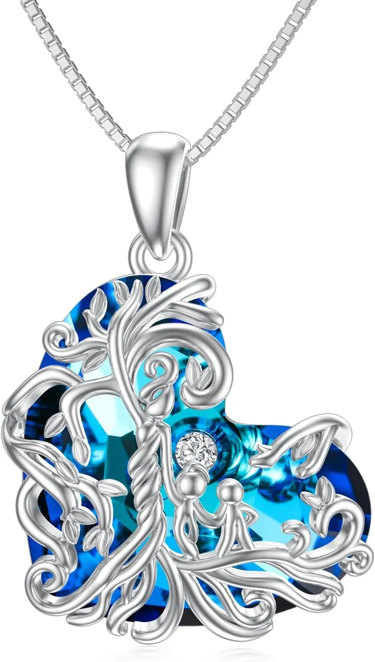 TOUPOP Gifts for Mom, Mothers and Daughter/Son Necklace, 925 Sterling Silver Tree of Life Pendant Family Crystal Jewelry Birthday Christmas Gifts for Women Mother Grandma Wife